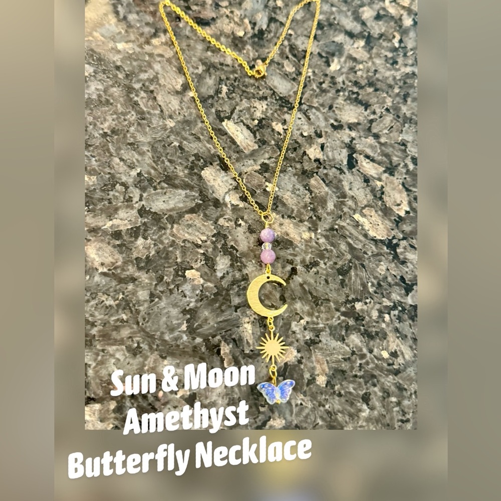 Sun & Moon Amethyst Butterfly Necklace ☀️🌙🦋